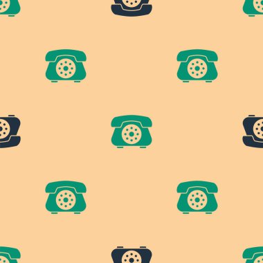 Yeşil ve siyah telefon ikonu bej arka planda kusursuz desen izole etti. Sabit telefon. Vektör İllüstrasyonu.