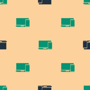 Yeşil ve siyah bilgisayar monitörü ve cep telefonu simgesi bej arka planda izole edilmiş. İnternetten kazanç, pazarlama. Vektör İllüstrasyonu.