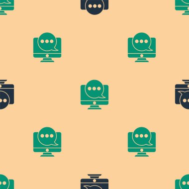 Monitör simgesindeki yeşil ve siyah sohbet mesajları bej arkaplanda izole edilmiş pürüzsüz desen. Smartphone sohbet mesajları konuşma baloncukları. Vektör İllüstrasyonu.