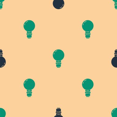 Fikir ikonu kavramına sahip yeşil ve siyah ampul bej arka planda izole edilmiş pürüzsüz desen. Enerji ve fikir sembolü. İlham konsepti. Vektör İllüstrasyonu.