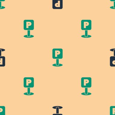 Yeşil ve siyah park simgesi, bej arka planda pürüzsüz desen izole etti. Sokak tabelası. Vektör İllüstrasyonu.