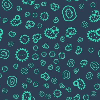 Kalkan 'ı virüse karşı, Kalkan' ı virüse karşı, Corona virüsü covid-19 'u ve virüsü kusursuz bir şekilde korumaya alın. Vektör.