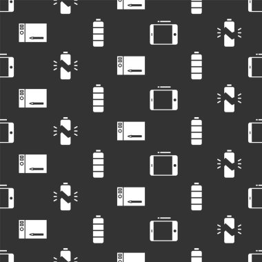 Grafik tableti, kırık pil, grafiksel tablet ve pil şarj seviyesini pürüzsüz desen üzerine ayarla. Vektör.