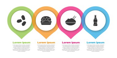 Tavuk nugget, hamburger, pilavı yemek çubuğu ve bir şişe suyla bir kaseye koy. Ticari bilgi şablonu. Vektör.