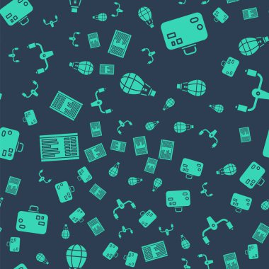 Sıcak hava balonunu, bavulu, havaalanı tahtalarını ve uçak dümenini kusursuz şekilde ayarlayın. Vektör.