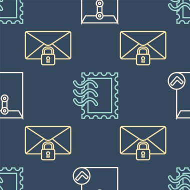 Satır Zarfı ve İşaretleme, E- posta iletisi kilidi parolası ve posta damgasını pürüzsüz desen üzerinde ayarla. Vektör.