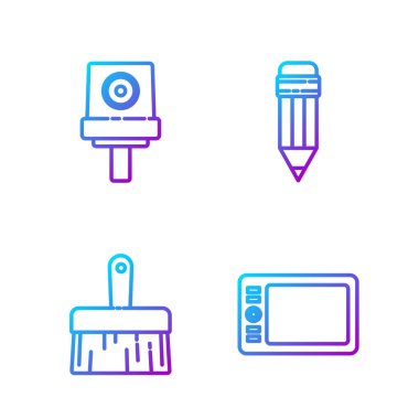 Çizgi grafiksel tableti, boya fırçasını, sprey başlığı ve kalemi silgiyle sıkabilir. Renk simgeleri. Vektör.