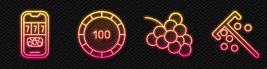 Üzümlü kumarhane kumar makinesi, kumarhane poker turnuvası davetiyesi, çipler için kumarhane fişleri ve Stick. Parlayan neon ikonu. Vektör.