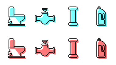 Hat hattı metalik boru, klozet, sanayi borusu, valf ve lavabo açıcı ikonlu konteynır. Vektör.