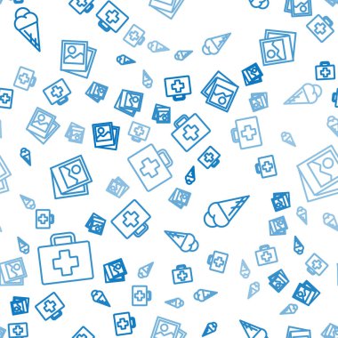 İlk yardım çantasını ayarla, dondurma külahında ve fotoğraf kusursuz desende. Vektör.