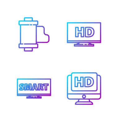HD video, Smart video, Camera klasik film rulo kartuşu ve Smart ekran ile HD video ile satır Monitörü ayarlayın. Renk simgeleri. Vektör.