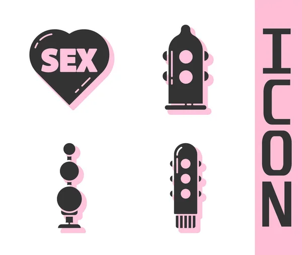 Set Dildo Vibrator Heart Text Sex Anal Beads Condom Icon — Image vectorielle