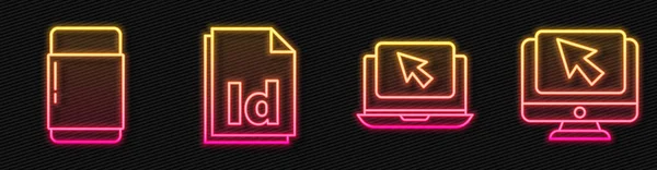 ラインノートパソコンとカーソル 消しゴムまたはゴム Idファイル文書とコンピュータモニタとカーソルを設定します ネオンのアイコンを光る ベクトル — ストックベクタ
