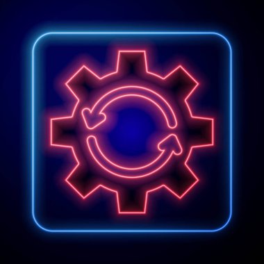 İş akışı konsepti ikonu olarak parlayan neon teçhizat ve oklar mavi arkaplanda izole edildi. Vites doldurma tabelası. Vektör İllüstrasyonu.