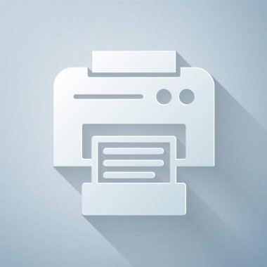 Kağıt kesiği Yazıcı simgesi gri arkaplanda izole edildi. Kağıt sanatı tarzı. Vektör İllüstrasyonu.