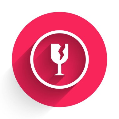 Teslimat kutuları için beyaz kırılgan cam sembol uzun gölgeli izole edilmiş. Kırmızı daire düğmesi. Vektör İllüstrasyonu.