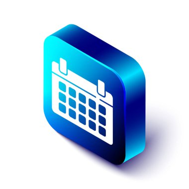 Isometric Takvim simgesi beyaz arkaplanda izole edildi. Olay hatırlatma sembolü. Mavi kare düğme. Vektör İllüstrasyonu.