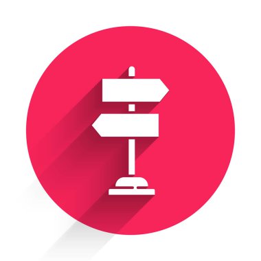 Beyaz Yol trafik tabelası. İşaret direği simgesi uzun gölgeyle izole edildi. İşaretçi sembolü. İzole sokak bilgi levhası. Yön tabelası. Kırmızı daire düğmesi. Vektör İllüstrasyonu.