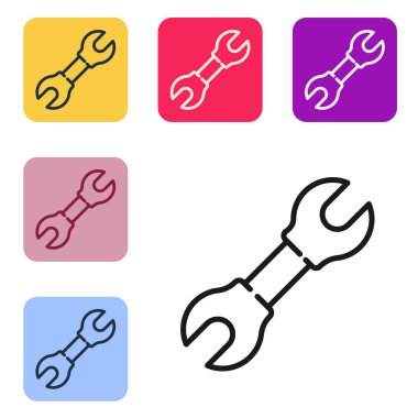 Siyah çizgi anahtarı simgesi beyaz arkaplanda izole edildi. Renkli kare düğmelerle simgeleri ayarla. Vektör İllüstrasyonu.