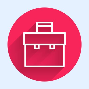 Beyaz çizgi evrak çantası simgesi uzun gölgeli izole edildi. İş ilanı. İş portföyü. Kırmızı daire düğmesi. Vektör İllüstrasyonu.