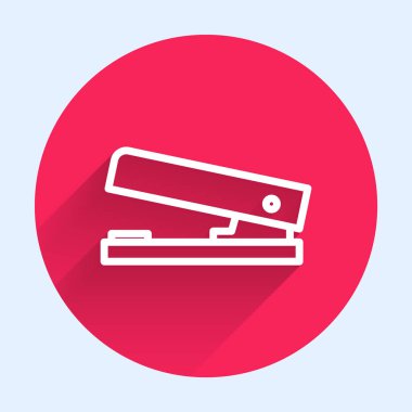 Beyaz çizgi ofis zımba simgesi uzun gölgeli izole edilmiş. Zımba, zımba, kağıt, karton, ofis malzemeleri. Kırmızı daire düğmesi. Vektör İllüstrasyonu.