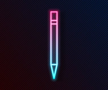Siyah arkaplanda silgi simgesi olan parlak neon çizgili kalem. Çizim ve eğitim araçları. Okul sembolü. Vektör İllüstrasyonu.