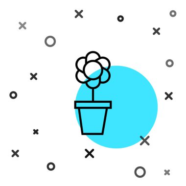 Beyaz arkaplanda siyah çizgi çiçek ikonu izole edildi. Tencerede yetişen bir bitki. Saksı bitkisi işareti. Rastgele dinamik şekiller. Vektör İllüstrasyonu.