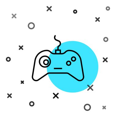 Siyah çizgi Gamepad simgesi beyaz arkaplanda izole edildi. Oyun kontrolörü. Rastgele dinamik şekiller. Vektör İllüstrasyonu.