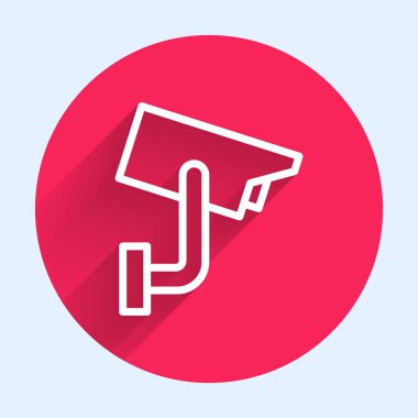 Beyaz çizgi güvenlik kamerası ikonu uzun gölgeli izole edildi. Kırmızı daire düğmesi. Vektör İllüstrasyonu.