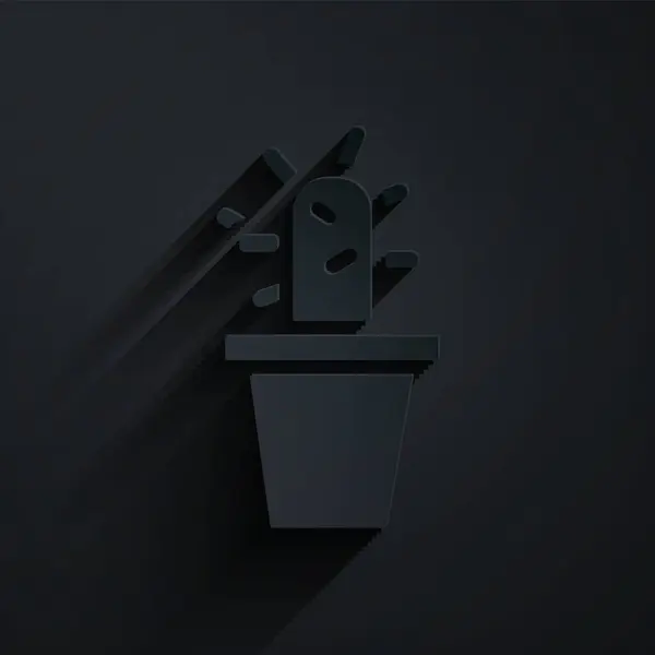 Papier Coupé Cactus Succulent Pot Icône Isolé Sur Fond Noir — Image vectorielle