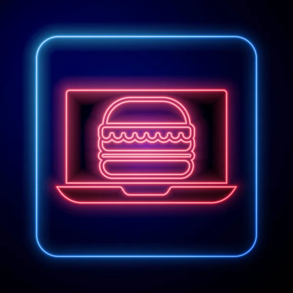 Leuchtendes Neonlicht Online Bestellung Und Burger Lieferung Symbol Isoliert Auf — Stockvektor