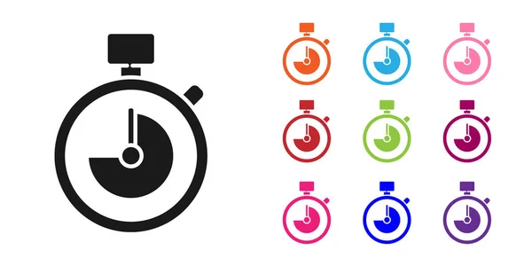 Ikona Black Stopwatch Izolovaná Bílém Pozadí Časový Spínač Chronometr Nastavit — Stockový vektor