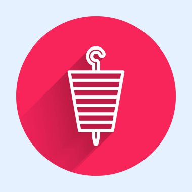 Beyaz çizgi ızgara şiş kebap şiş uzun gölgeli izole edilmiş şiş çubuk ikonu. Şiş çubukta et kebabı. Izgara etle piknik. Kırmızı daire düğmesi. Vektör İllüstrasyonu.