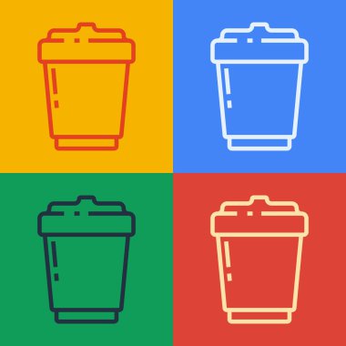 Pop Art Line Kahve fincanı renkli arka planda izole edilmiş bir ikon haline gelecek. Vektör İllüstrasyonu.