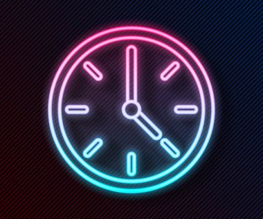 Parlayan neon çizgi saat simgesi siyah arkaplanda izole edildi. Zaman sembolü. Vektör İllüstrasyonu.