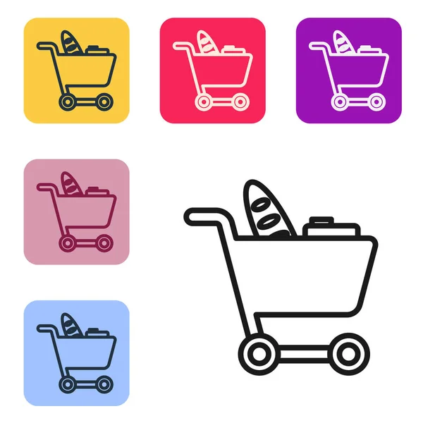 Black Line Shopping Cart Food Icon Isolated White Background Food — Stock Vector