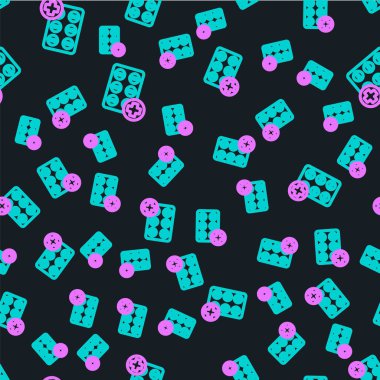 Sırt çantasındaki çizgi hapları siyah arka planda izole edilmiş. İlaç paketi. Tablet, vitamin, antibiyotik, aspirin. Renkli taslak konsepti. Vektör İllüstrasyonu.