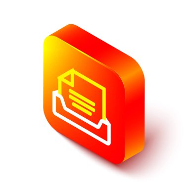 Beyaz arkaplanda belge simgesi izole edilmiş Isometric satır Çekmecesi. Arşiv çekmecesi. Dosya dolabı çekmecesi. Ofis mobilyası. Turuncu kare düğme. Vektör İllüstrasyonu.