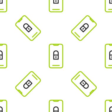 Kapalı asma kilit simgesine sahip çizgi akıllı telefonu beyaz arkaplanda izole edilmiş pürüzsüz desen. Kilitli telefon. Gezici güvenlik, güvenlik, koruma konsepti. Vektör İllüstrasyonu.