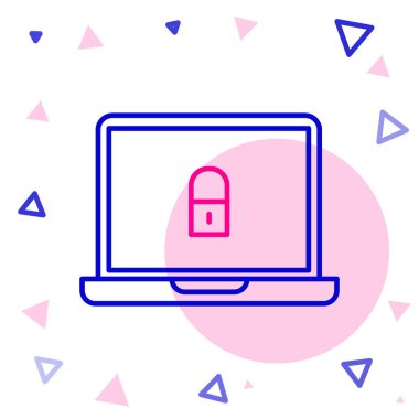 Dizüstü bilgisayar ve kilit simgesi beyaz arkaplanda izole edildi. Bilgisayar ve asma kilit. Güvenlik, güvenlik, koruma kavramı. Güvenli bir ağ. Renkli taslak konsepti. Vektör İllüstrasyonu.