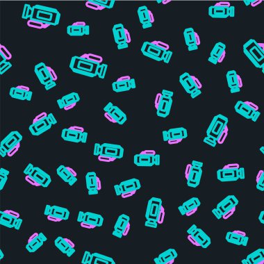 Line Cinema kamera simgesi siyah arkaplanda kusursuz desen izole etti. Video kamera. Film tabelası. Film projektörü. Vektör İllüstrasyonu.