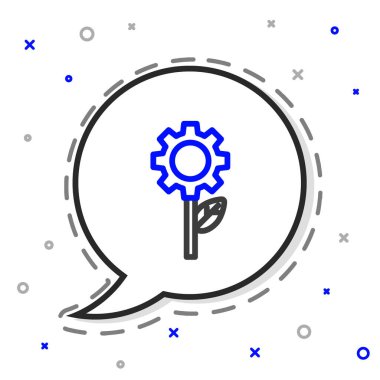 Çizgi Yaprak bitki ekolojisi vites makinesi simgesinde beyaz arka planda izole edildi. Çevre dostu teknoloji. Dünya Çevre Günü etiketi. Renkli taslak konsepti. Vektör İllüstrasyonu.