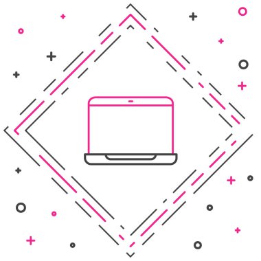 Dizüstü bilgisayar simgesi beyaz arkaplanda izole edildi. Boş ekran işaretli bilgisayar defteri. Renkli taslak konsepti. Vektör İllüstrasyonu.