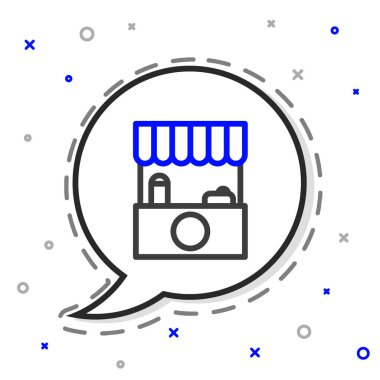 Tenteli ve beyaz arka planda izole edilmiş ahşap askı ikonu olan Line Street tezgahı. Ahşap göğüslü bir büfe. Renkli taslak konsepti. Vektör İllüstrasyonu.