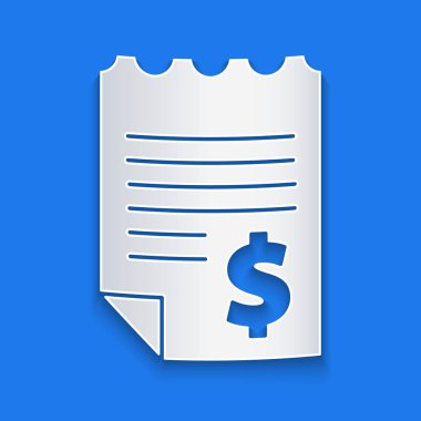 Kağıt kesiği ya da finansal çek simgesi mavi arka planda izole edilmiş. Kağıt baskı çeki, makbuz ya da fatura. Kağıt sanatı tarzı. Vektör İllüstrasyonu.