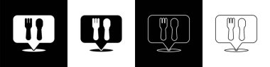 Kafe ve restoran konumu simgesini siyah beyaz arkaplanda ayır. Noktanın içinde çatal ve kaşık yeme işareti var. Vektör İllüstrasyonu..
