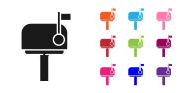 Beyaz arkaplanda siyah posta kutusu simgesi izole edildi. Posta kutusu simgesi. Posta kutusunda bayrak var. Simgeleri renklendirin. Vektör İllüstrasyonu.