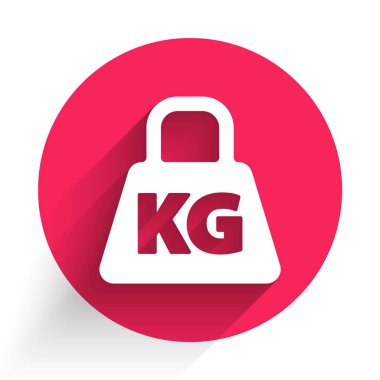 Beyaz Ağırlık simgesi uzun gölgeli izole edilmiş. Kilogram ağırlık kaldırmak ve ölçmek için ağırlık bloğu. Kütle sembolü. Kırmızı daire düğmesi. Vektör İllüstrasyonu.