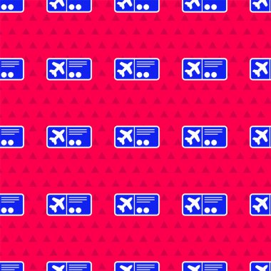 Mavi Havayolu bilet ikonu kırmızı arka planda izole edilmiş. Uçak bileti. Vektör İllüstrasyonu.