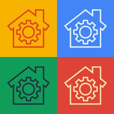 Pop Art Line House ya da renkli arka planda vites simgesi olan ev. Ayarlama, servis, ayar, bakım, onarım, onarım. Vektör İllüstrasyonu.